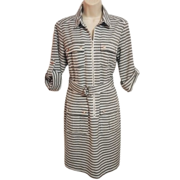 Sharagano Dresses & Skirts - ❗️SOLD❗️Sharagano Striped Convertible Sleeve Zip Belted Utility Shirt Dress Grey